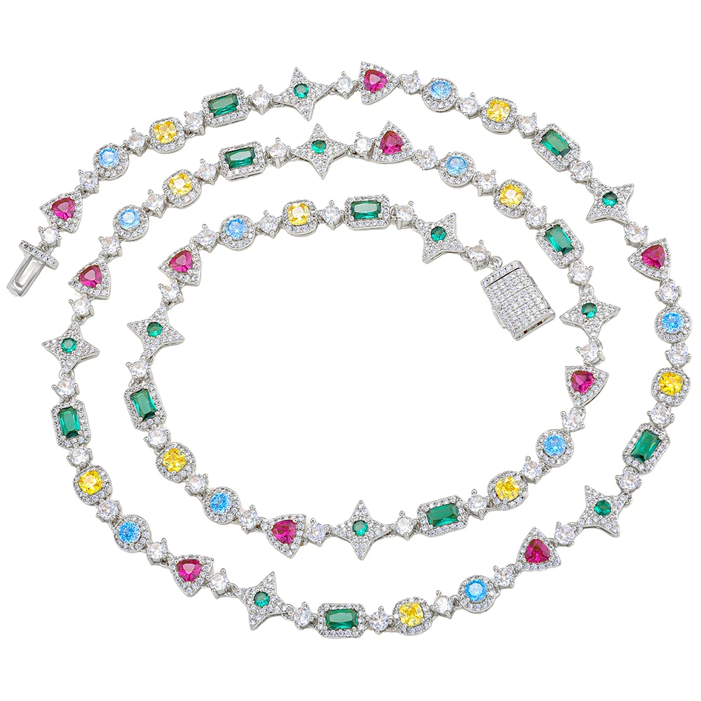 

HHIOK Colored Brass Tennis Link Necklace 18k Gold Plated Inlay With Iced Out Multicolored Geometric Gems Hip Hop Jewelry Gifts