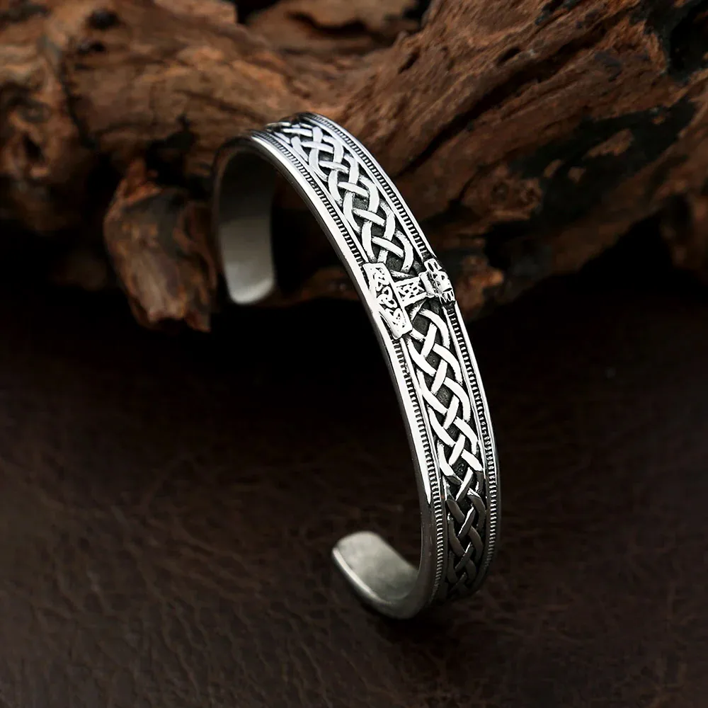 Viking Mjolnir Thor Hammer Interwoven Celtic Knot Cuff Bracelet Stainless Steel For Men Amulet Runes Bangles Fashion Jewelry