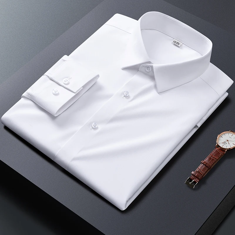 New in shirt Bamboo fiber elastic long sleeve shirts for man slim fit formal plain shirt office elegant designert white clothes