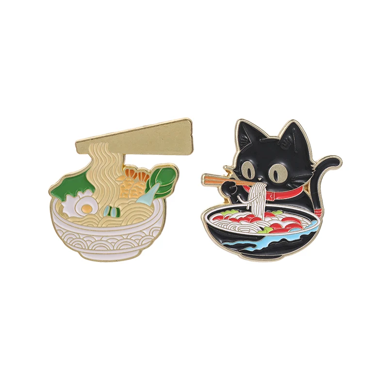 Dim Sum Basket - ラーメンヌードルボウル漫画エナメルピン日本のコミックラーメンデザイン黒猫箸ラーメンブローチバッグラペルバッジジュエリー