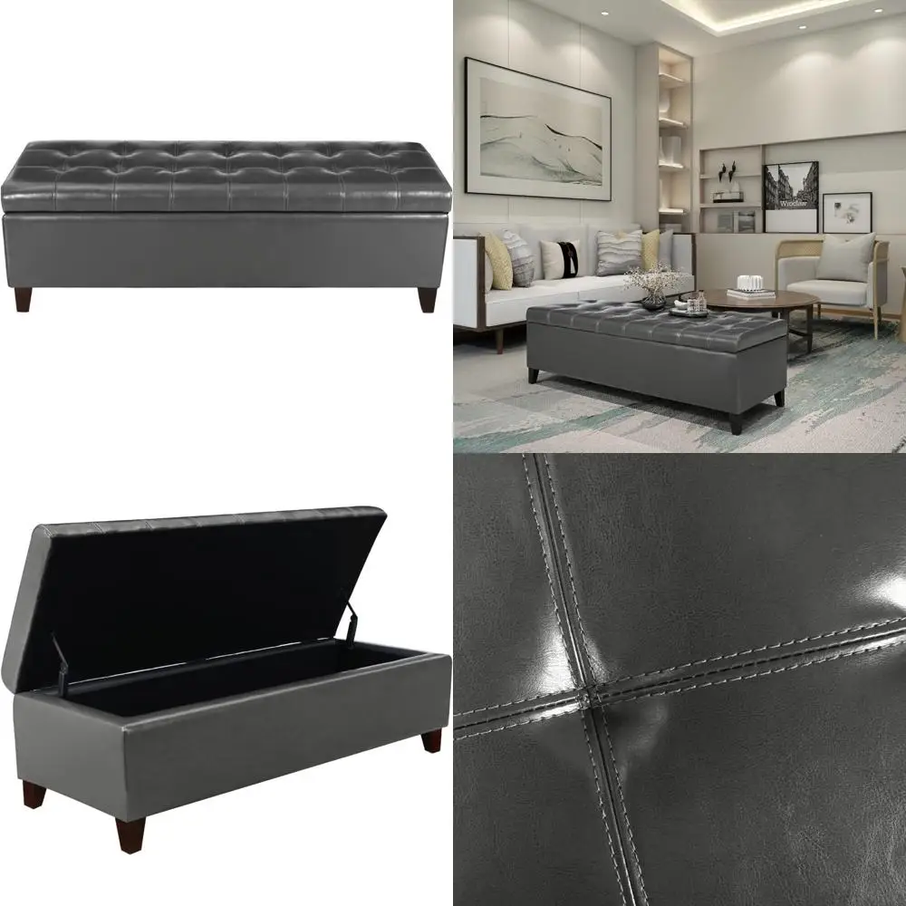 

Leather Ottoman Bench with Tufted Design, 51 Inch Storage Seat for Bedroom and Living Room, Dark Gray End of Bed Storage Solutio
