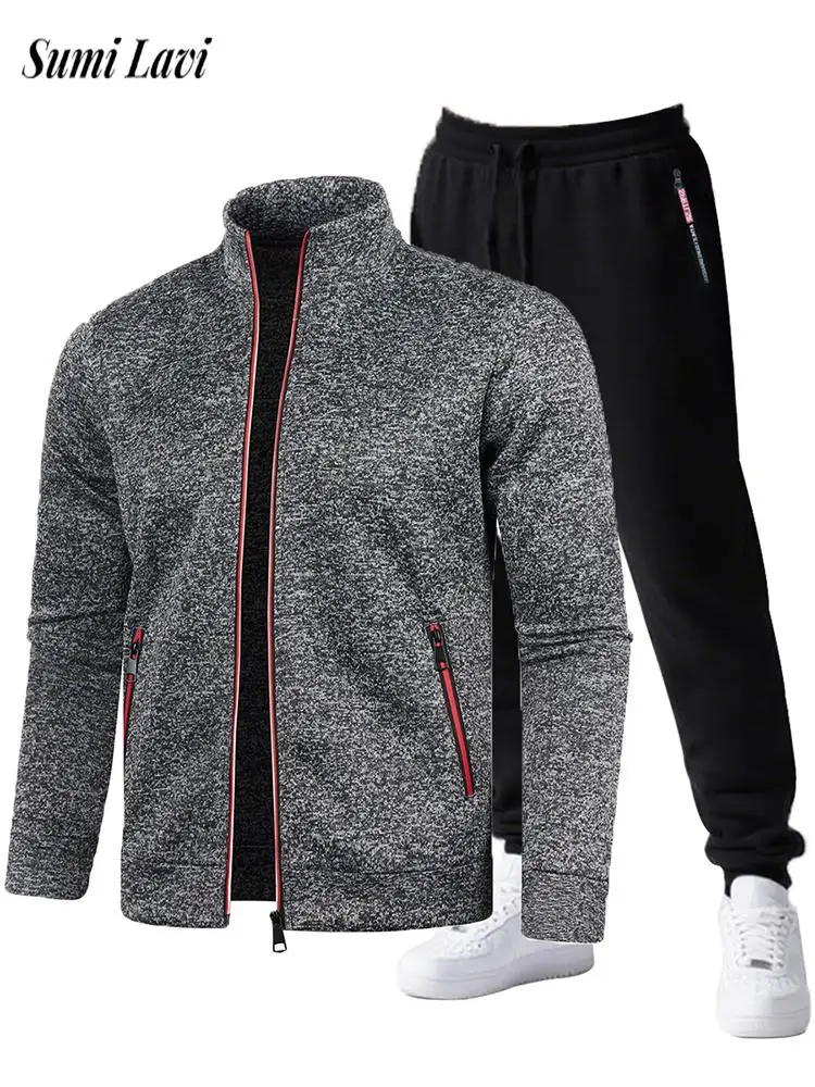 

Fashionable Slim Two Pieces Suits Men's Knitted Long Sleeve Jackets And Trousers Sets Men Fall Winter Casual Solid Color Outfits