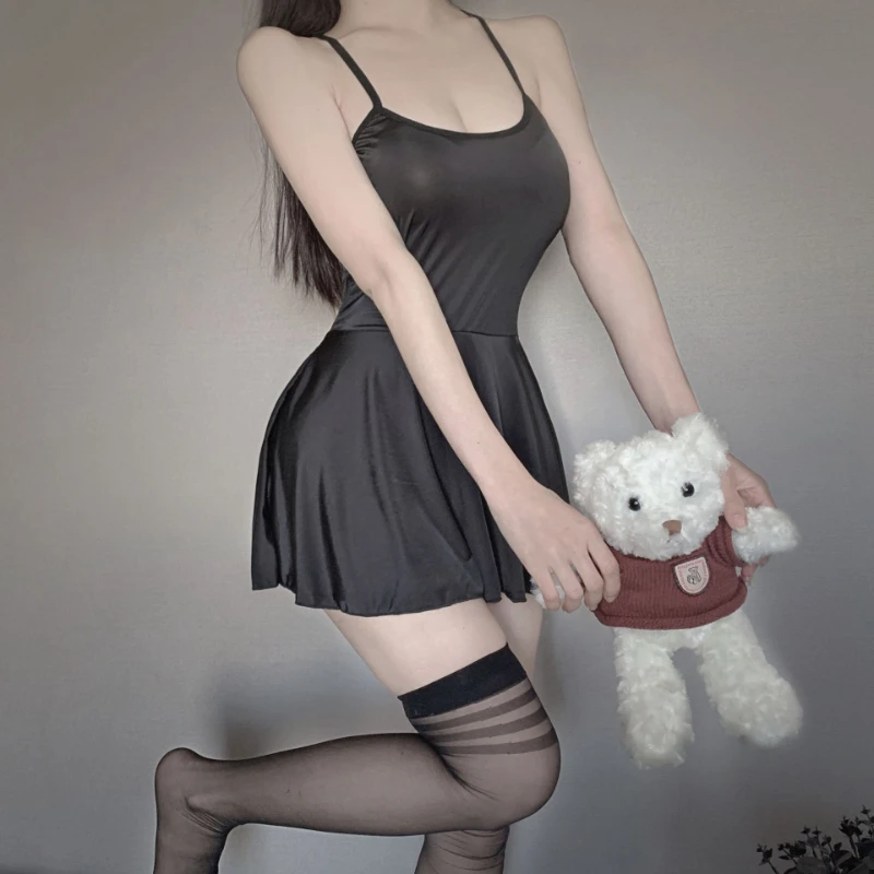 Vestido Sexy de seda de hielo transparente para mujer, uniforme de estudiante con Espalda descubierta, juego de rol, camisón para chicas, trajes de fiesta para Club