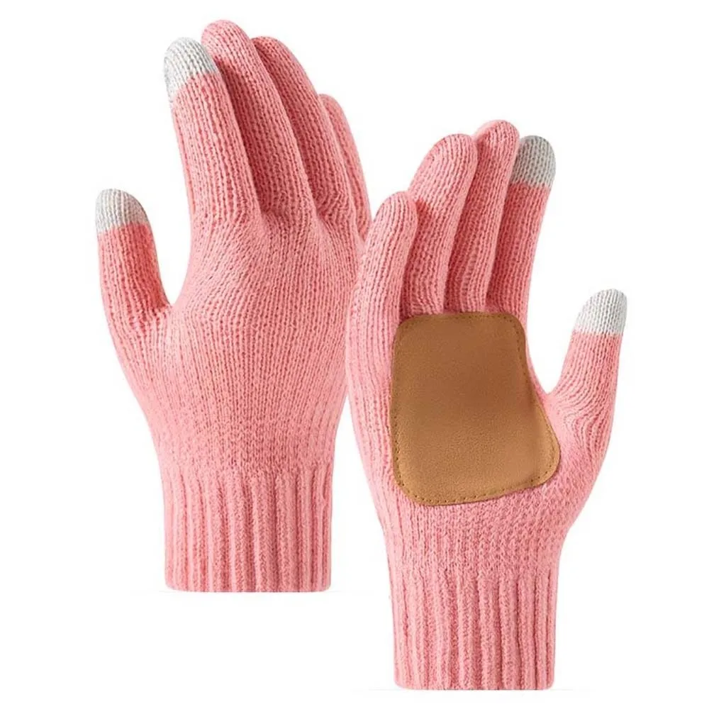 Leather Patch Touchscreen Gloves Solid Color Elastic Cuff Winter Knit Mittens Thick Lining Soft Texture Woolen Warm Gloves