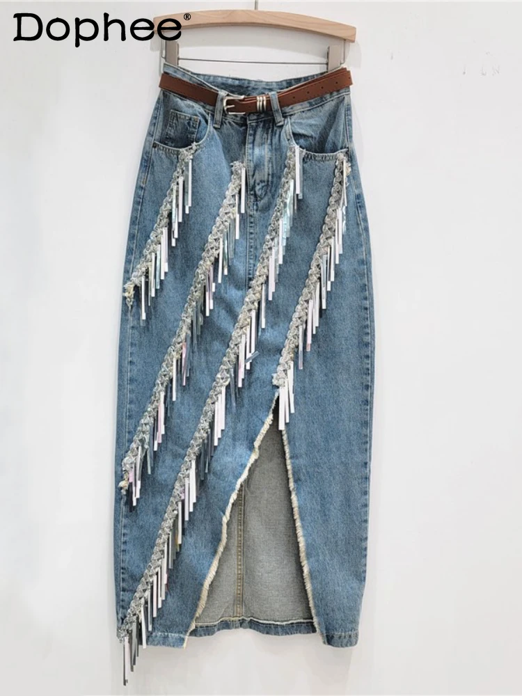 

Fashion Irregular Beveled Heavy Industry Tassel Denim Dress Women 2023 Spring Summer High Waist Midi Slim Office Lady Dresses