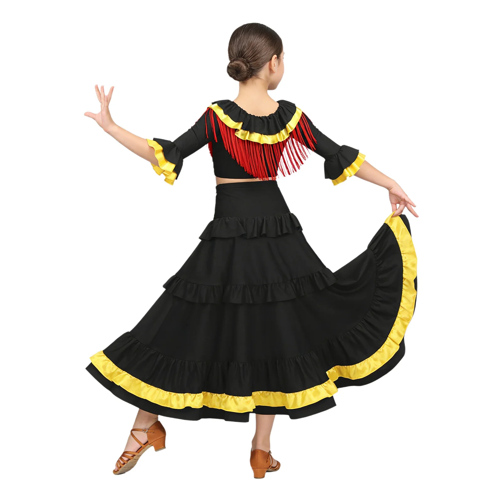 Spanish Flamenco Costume Girl Long Red Flamenco Style Dress Ballroom Crop Top+Skirt for Girls Child for Kids Performance Clothes