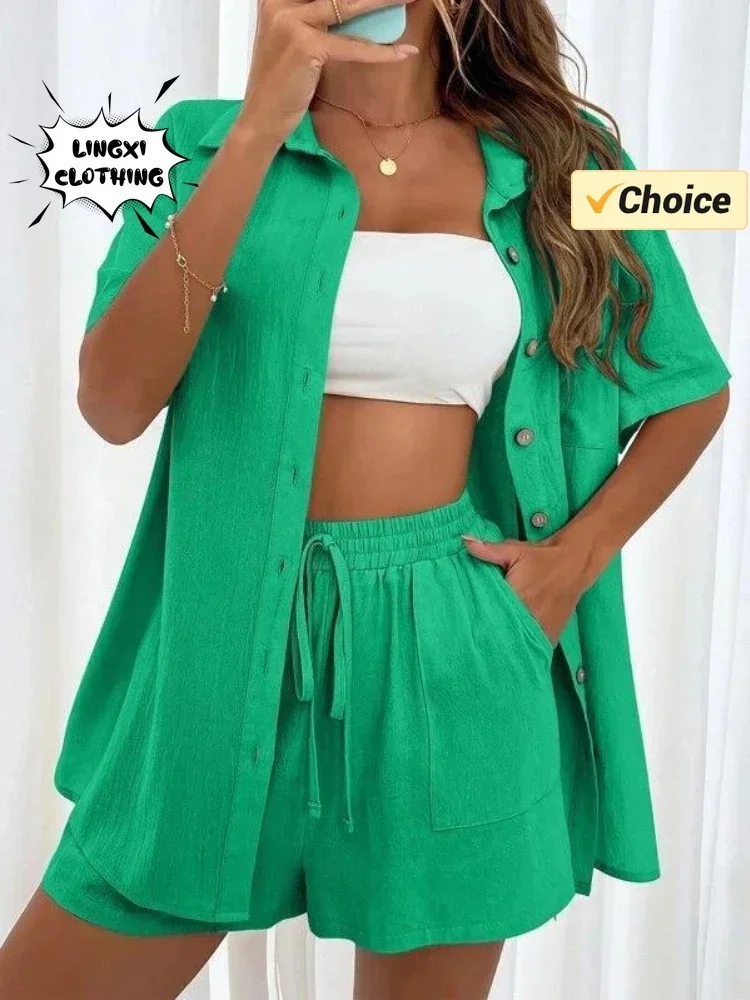 2025 여름 패션 스포츠 캐주얼 코튼 린넨 투피스 세트 여성용 싱글 브레스티드 셔츠 밴딩 반바지 투피스 세트