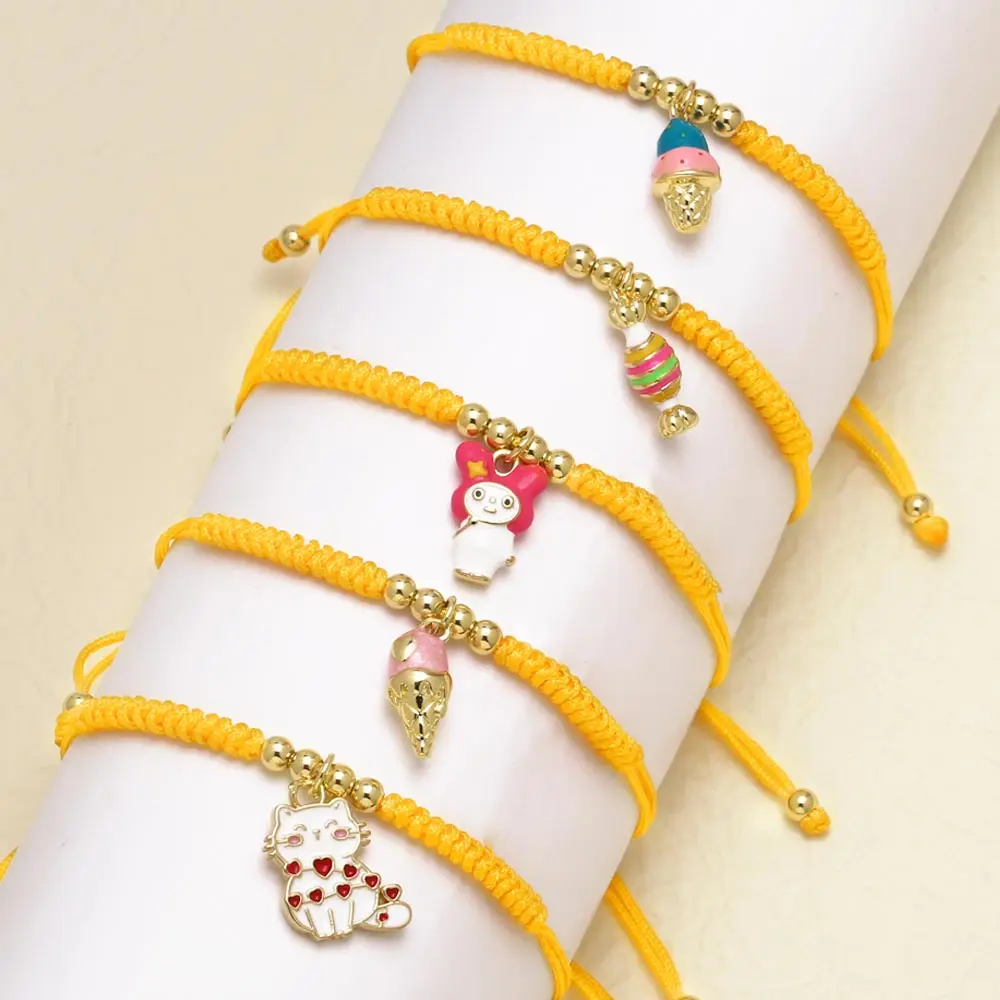 FLOLA Orange String Candy Ice Cream Bracelets for Women Enamel Red Heart Cat Bracelets Gold Plated Jewelry brth06