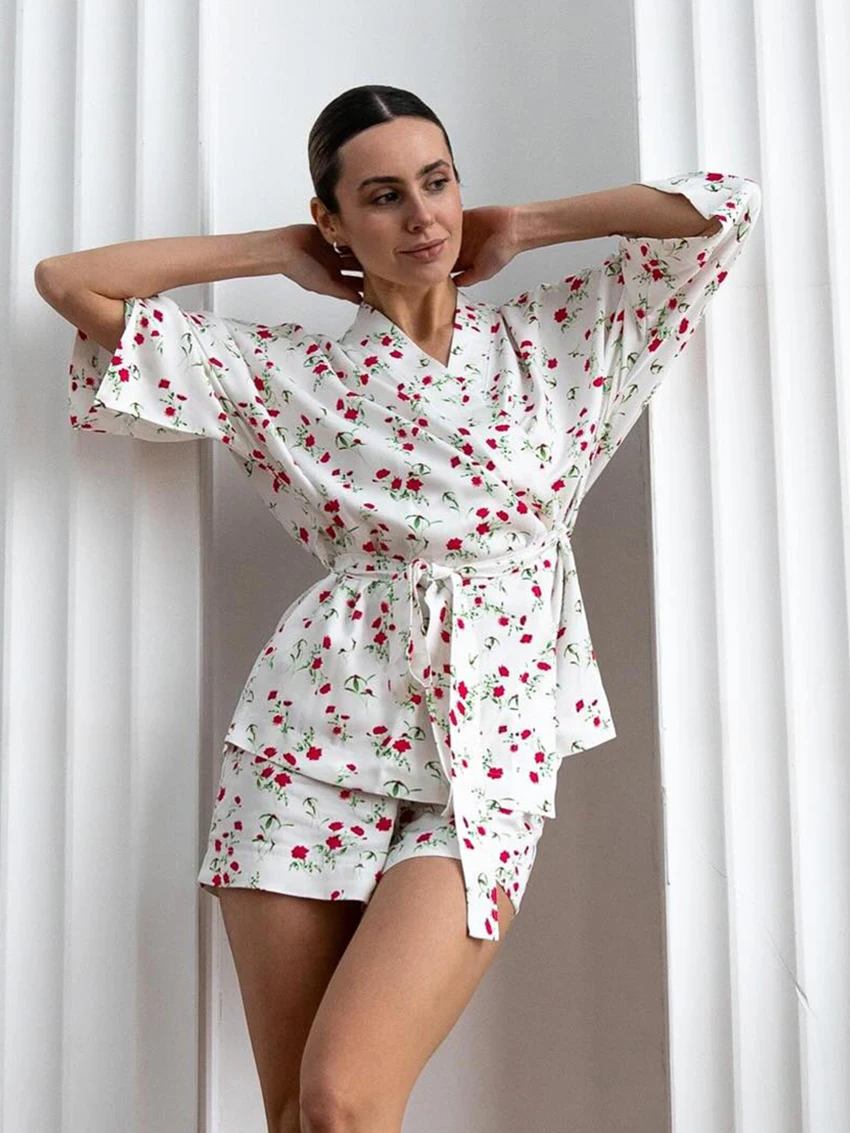 Marthaqiqi Home Clothes Ladies V-Neck Pajama Long Sleeve Nightie Lace Up Sleepwear Shorts Printing Female Nightwear 2 Piece Suit