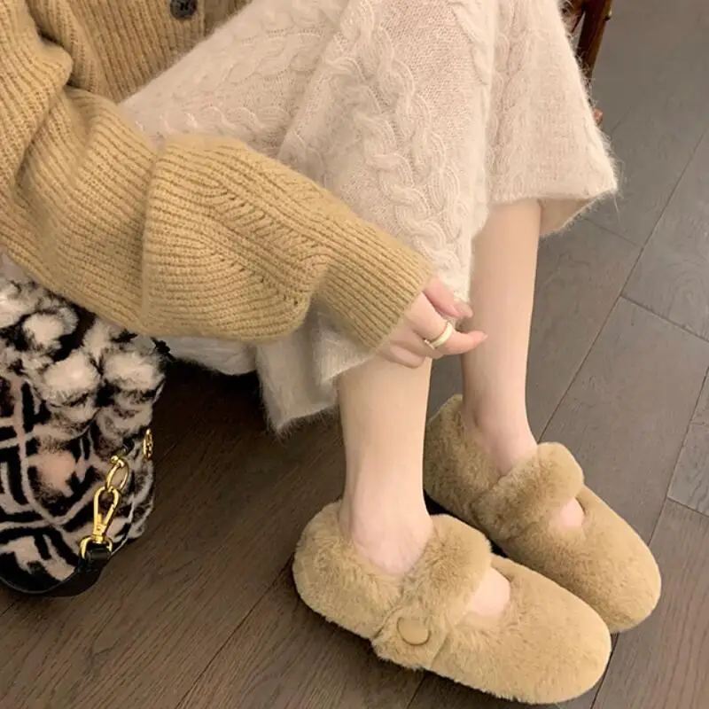 Winter Fur Flat Shoes Women’s Warm Plush Mary Jane Casual Ballet Shoes Outdoor Round Toe Shallow Footwear Large Size 41-43