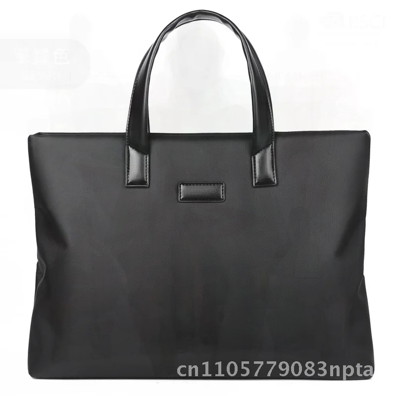 Men's Business Briefcase with Printed Logo Horizontal Zipper Solid Color Oxford Cloth Handbag for Office Meetings