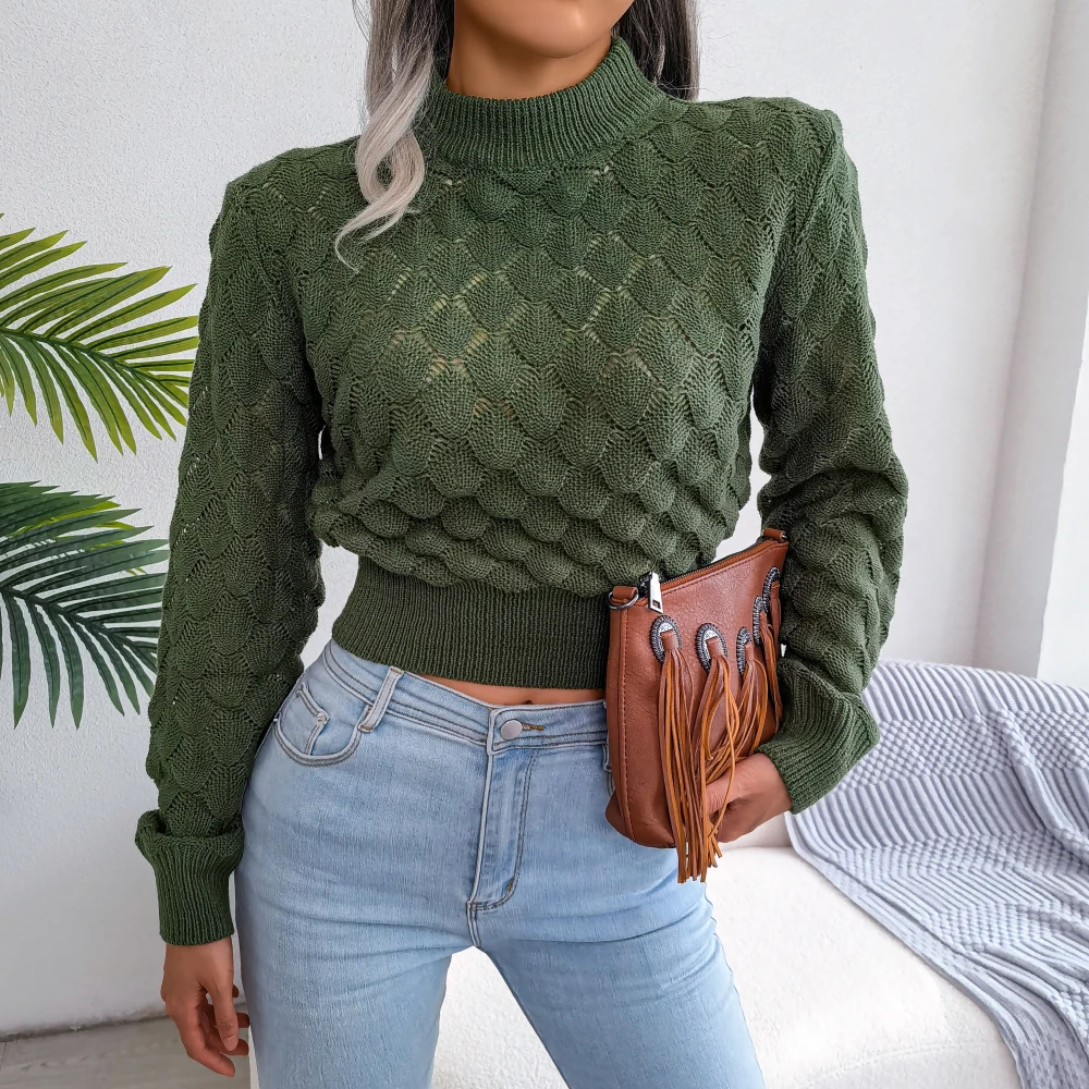 2023 Autumn Winter Women Casual Hollow Out Long Sleeve Knitted Pullovers And Sweaters Crop Top