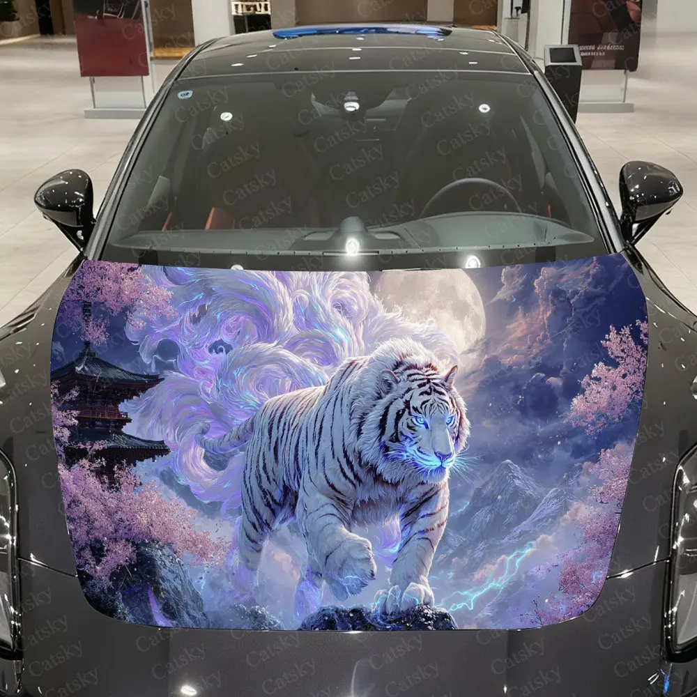 Cherry Moon White Tiger & Celestial Fox Car Vinyl Wrap, PVC Waterproof Car Hood Sticker, Self-Adhesive Scratch-Resistant Sticker