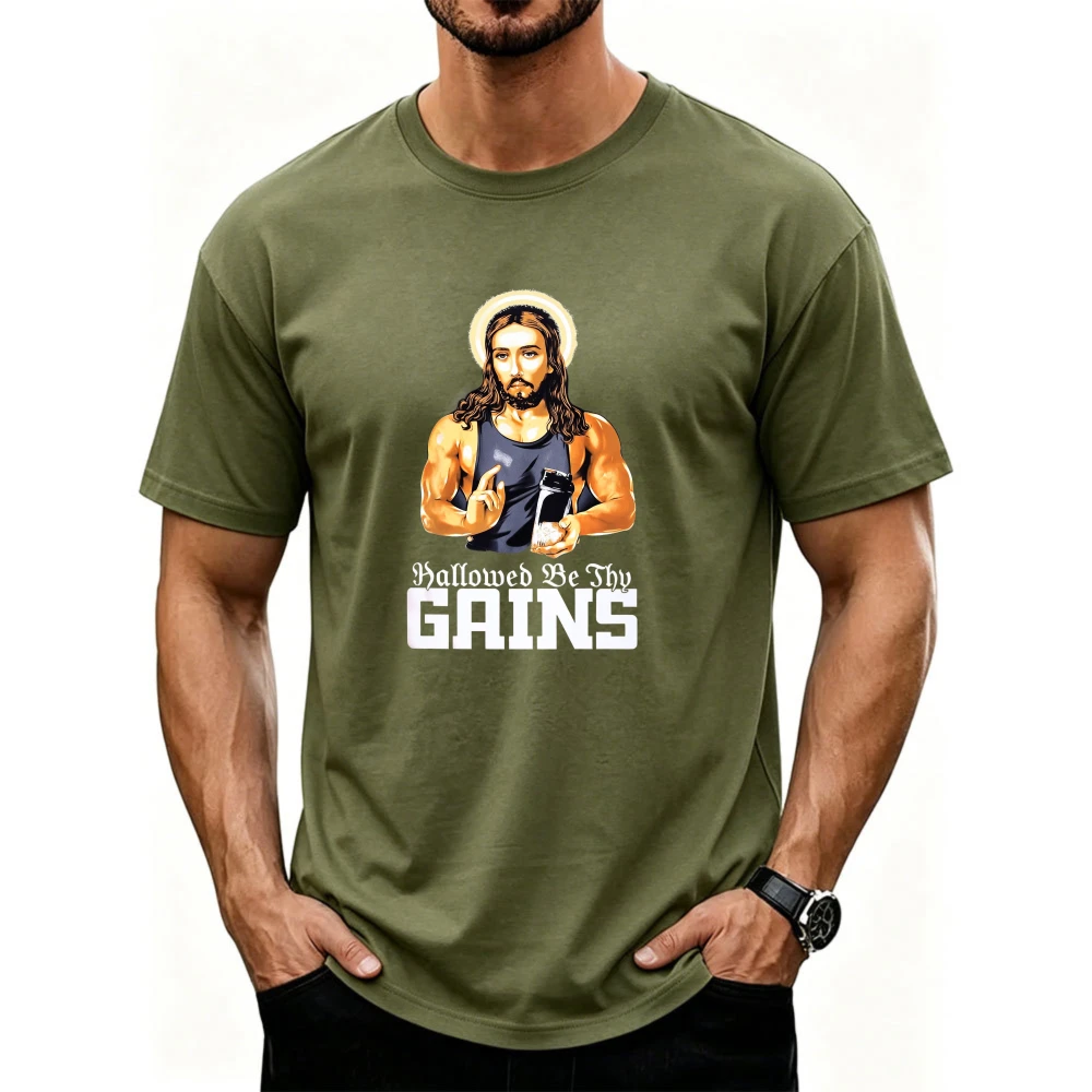 Hallowed Be Thy Gains | Funny Muscle Jesus Weight Lifting Workout Humor Tank Top Graphic T Shirts Streetwear Cotton Men Clothing