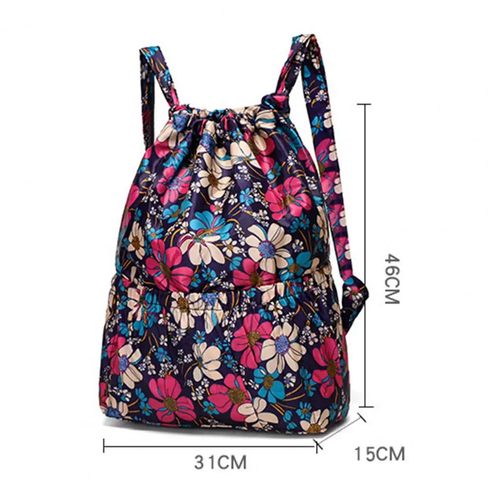 Women Vintage Drawstring Backpacks Flower Print Rucksack Outdoor Travel Camping Waterproof Nylon Rucksack Shoulders Backpacks