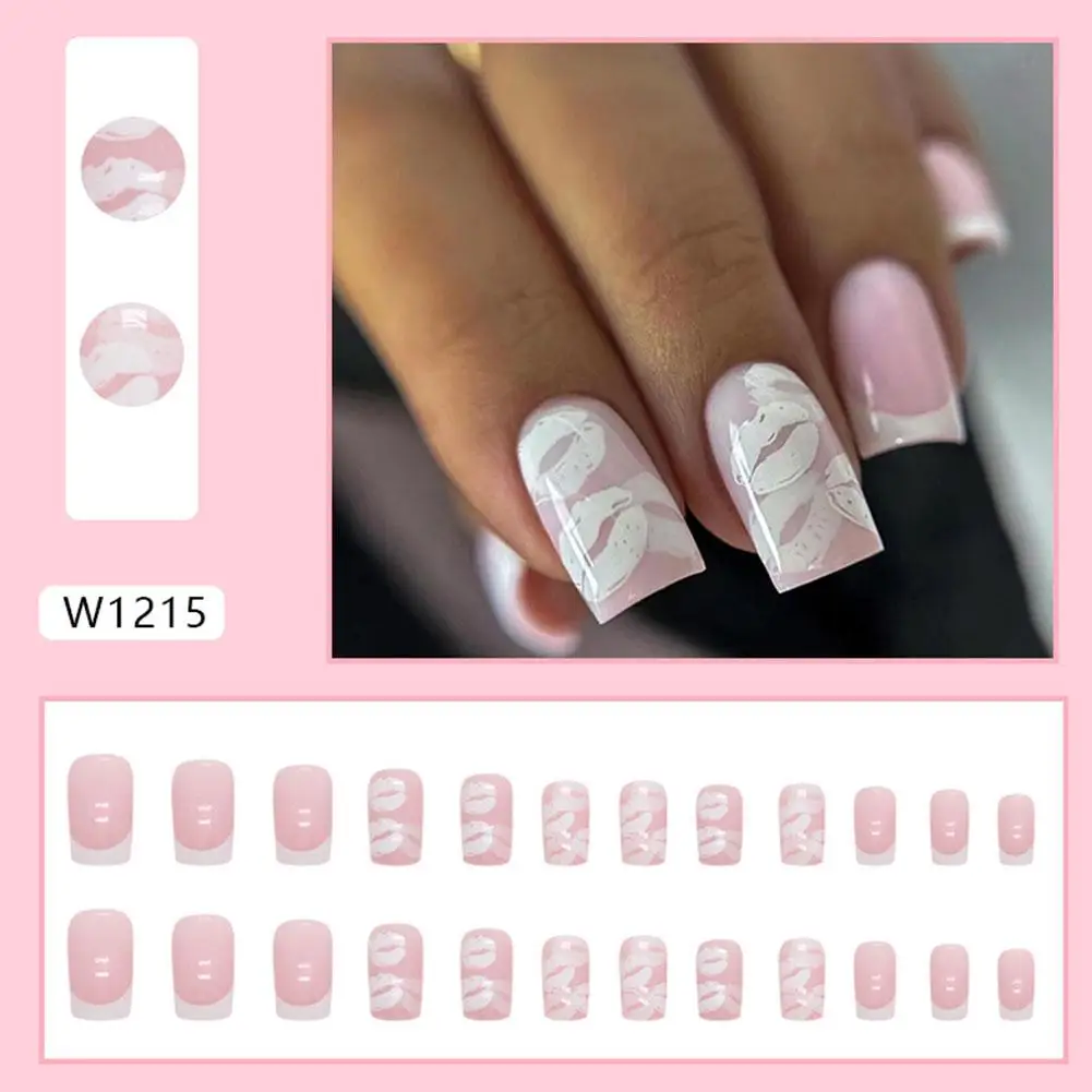 Trend Fashion Women Girls Medium Coffin Shaped French Art Glitter on Wearable Press Star Nail Fake Nail Stripe Powder K2C6