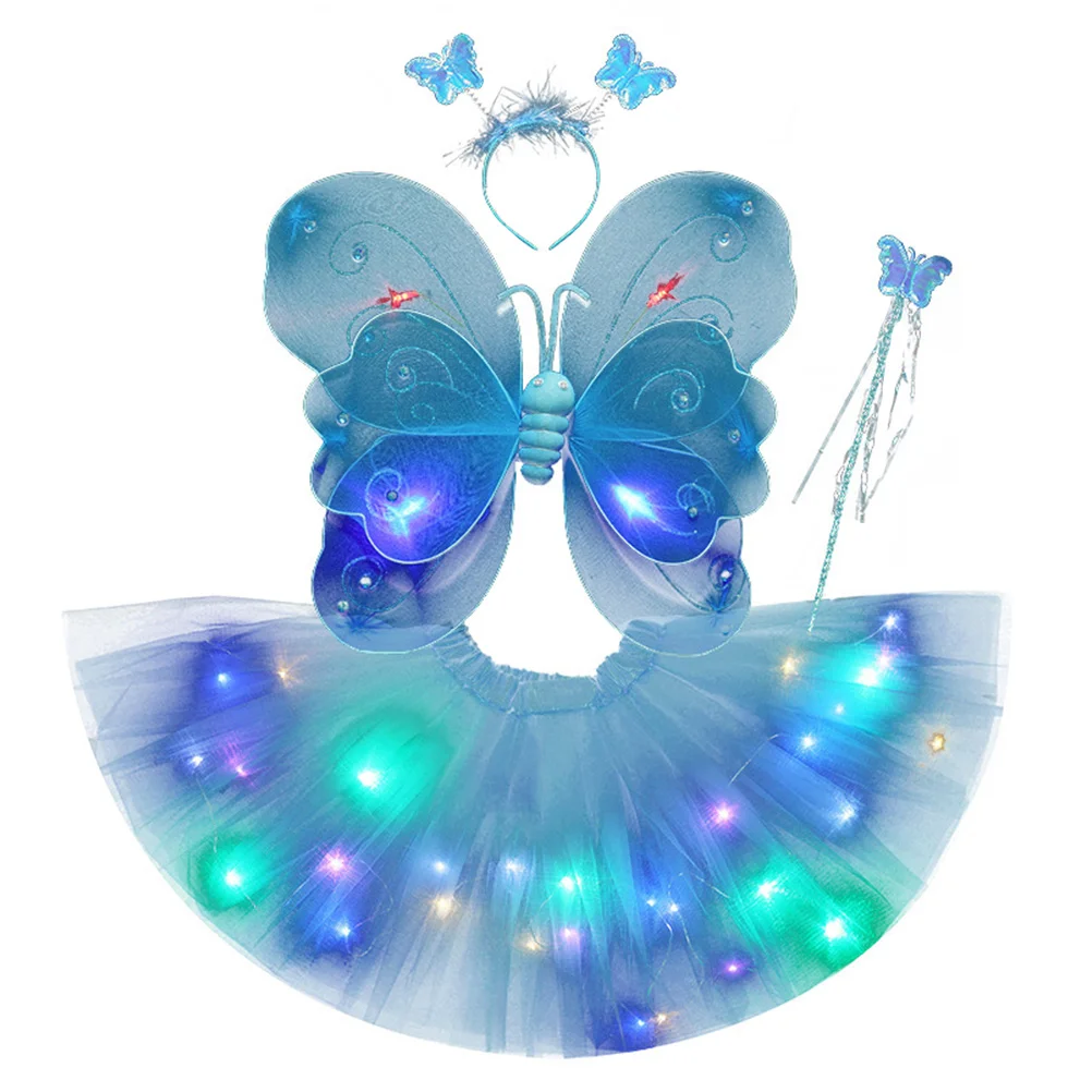 

1 Set Luminous Wings Skirt Costume Set For Kids Fairy Mesh Outfit Headband Halloween Christmas Ballet Stage Role