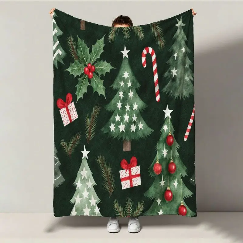 

1pc Luxury Plush Flocked Christmas Blanket - Dark Green Holly/Pine/Candy Cane, All-Season Winter Decor Gift