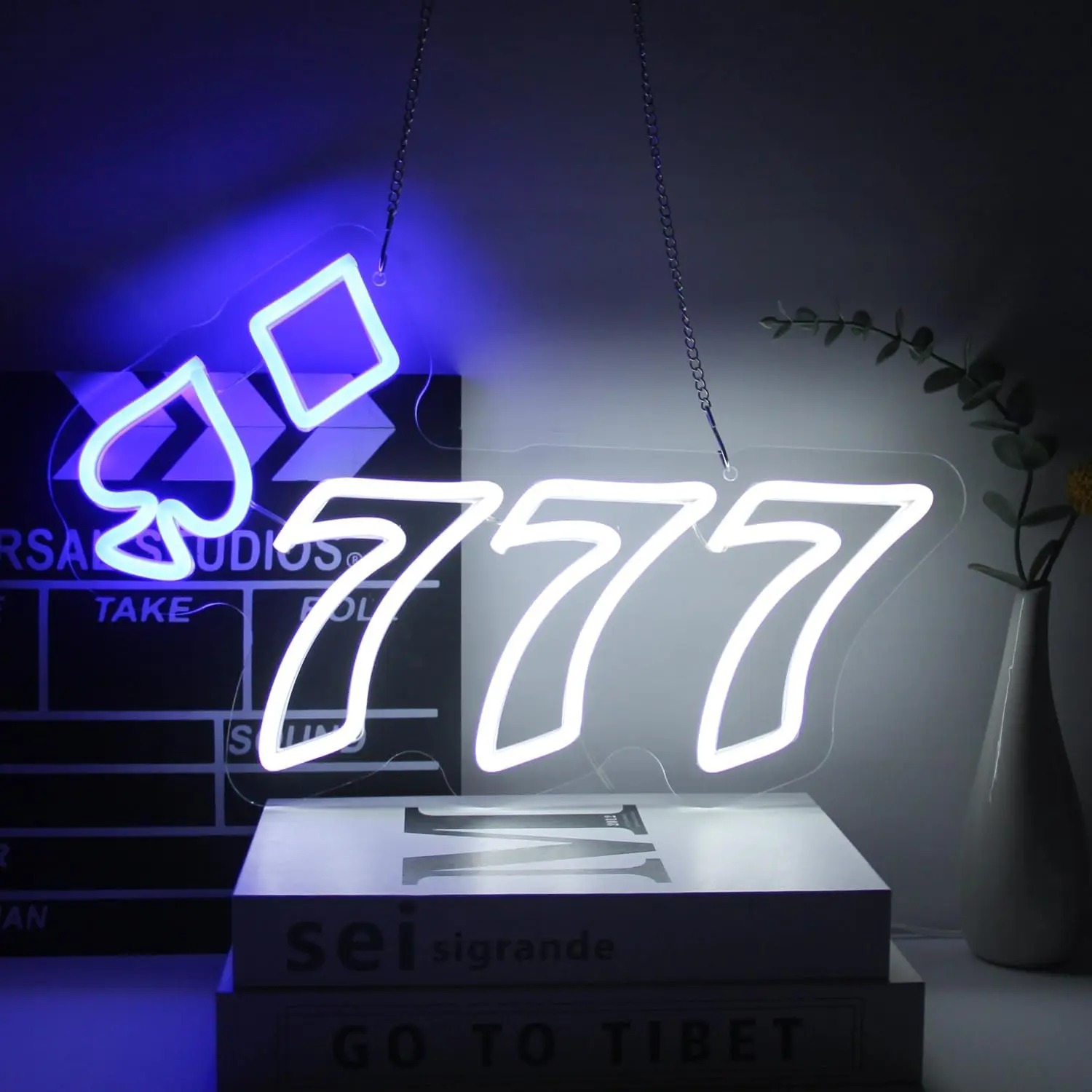 

777 LED Neon Sign Poker Angel Number White Blue Spades Lucky Seven for Wall Decor for Bedroom Man Cave Casino Club Party