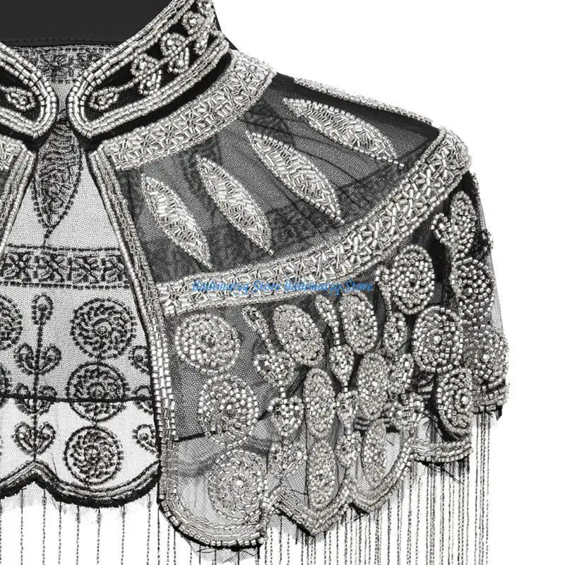 573B Shimmering Tassels Capes Sparkling Sequins Beadwork Shawl Wrap for Formal Event