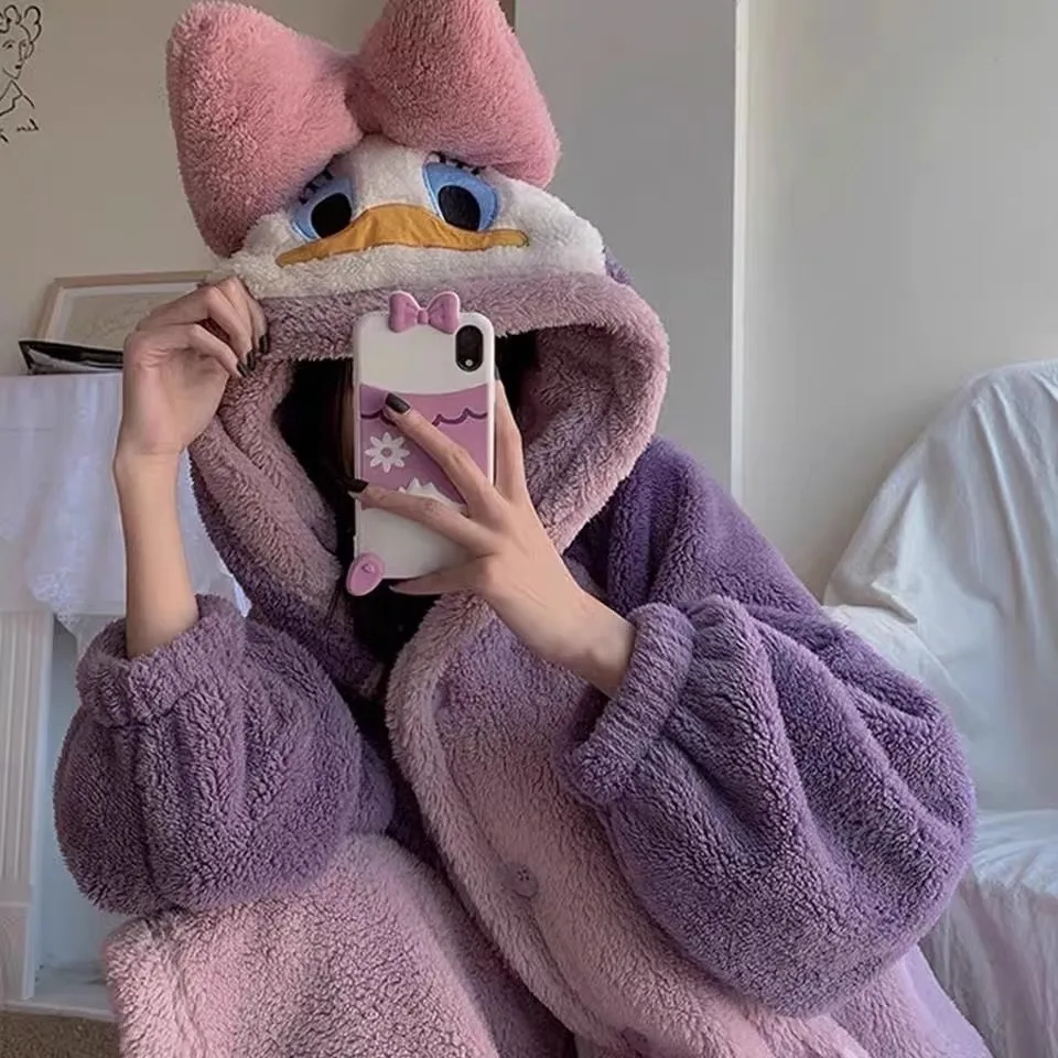 MINISO Cartoon Robes Animal Donald Duck Women Hooded Bathrobe Cosplay Costumes Winter Home Wear Lady Nightgown Pajama