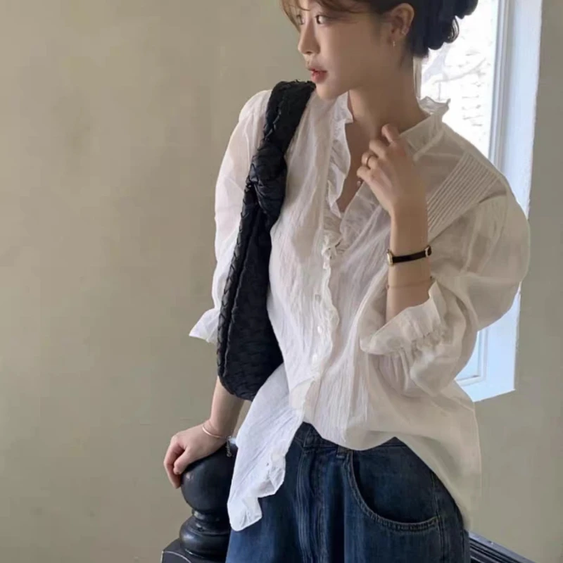 

Свободная блузка с V-образным вырезом и плиссировкой, весенняя новинка, корейский стиль, модная женская хлопковая блузка с длинным рукавом от Dongdaemun Viplain