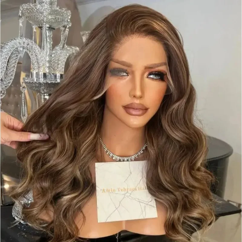 

For Women Alopecia Hairlos Natural Soft Wig 22 Inches Ombre Dark Brown Body Wave Synthetic Lace Front Wig Realistic Hairline Wig
