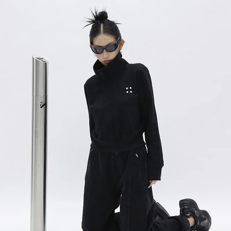 Karrcat Grunge Cropped Hoodie Gothic Harajuku เสื้อคอเต่าญี่ปุ่น Double Zipper เสื้อกันหนาว MODE Korea Streetwear Y2k