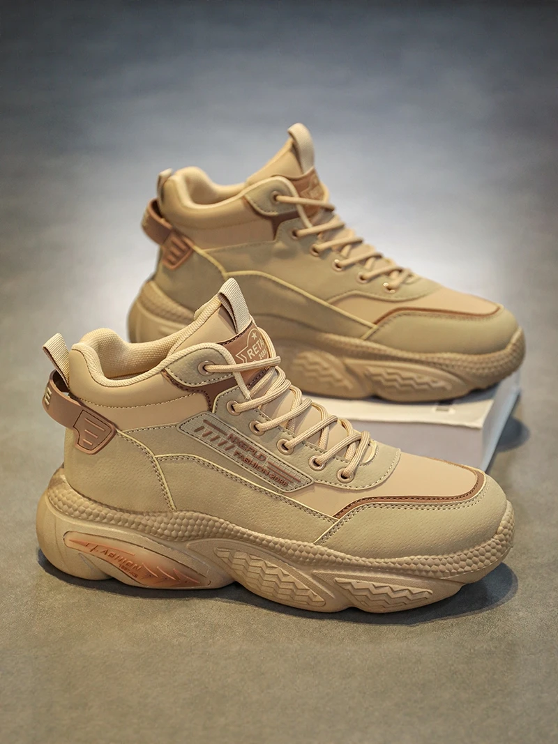 

Casual Sporty Men's Boots Winter Anti-slip Running Shock Absorption High Help Dad Trendy Shoes Leather round Toe Lace-Up