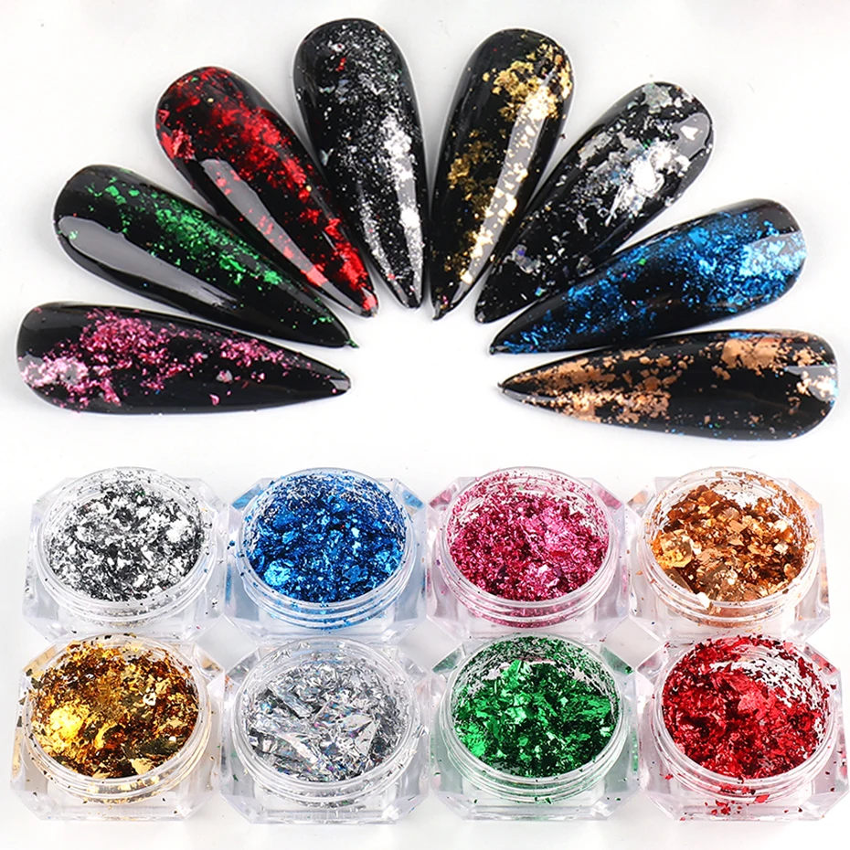 1pcs ฟอยล์ Holographic เล็บ Glitter ผงอลูมิเนียมทองเงินเลื่อมฟอยล์ Paillette Flake Strass Nail Art อุปกรณ์เสริม JICB01-08-1