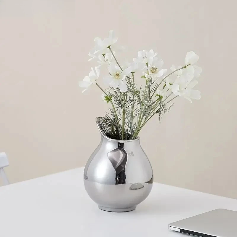 1PCS silver ceramic pot shaped floral ware with a high-end feel living room decoration model room niche ornaments ceramic vase