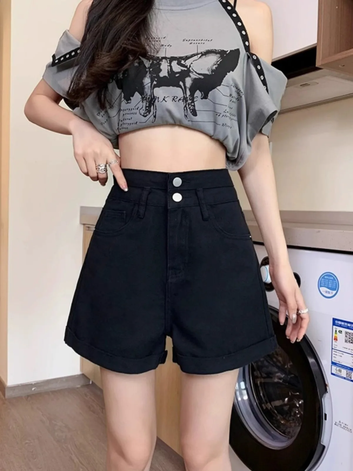 High Waist A-Line Denim Shorts Women's Black Summer Loose Versatile Slimming Small Size Wide Leg Hot Pants Cotton Polyester B...