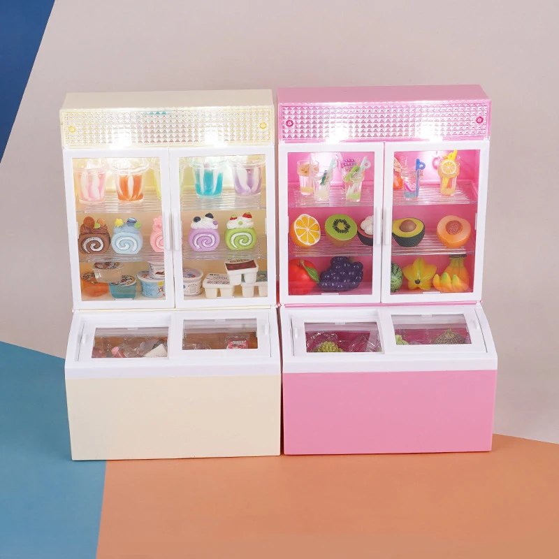 1pcs 1:12 Dollhouse Miniature Beverage Freezer Glowing Supermarket Ice Cream Cabinet Model Decor Toy Doll House Accessories