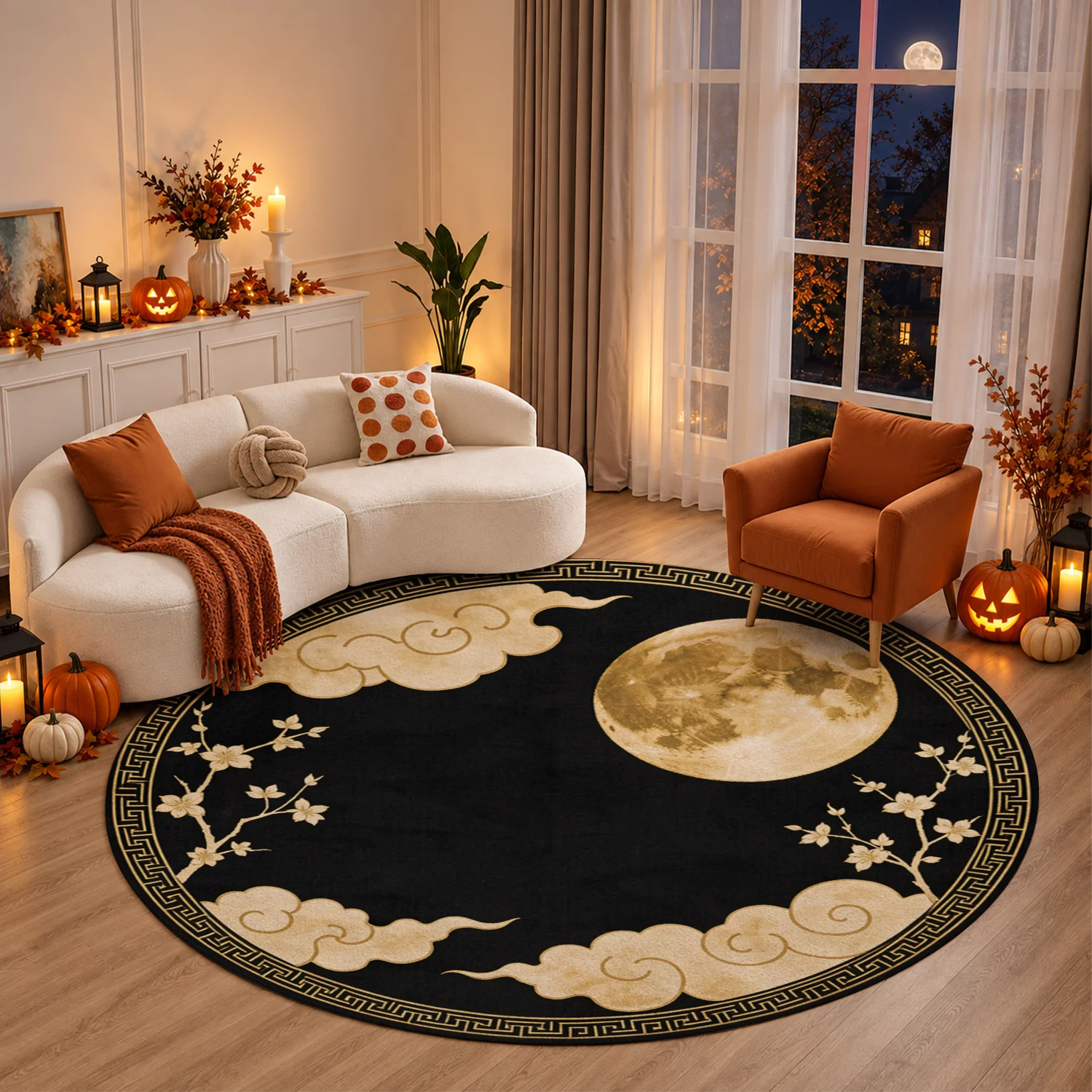 Moon Cloud Floral Pattern Round Area Rug, Velvet Soft Plush Rug, Machine Washable, Ideal for Living Room, Bedroom, Dining Area, Entryway, Perfect for Halloween, Thanksgiving, Christmas, New Year Holiday Decor