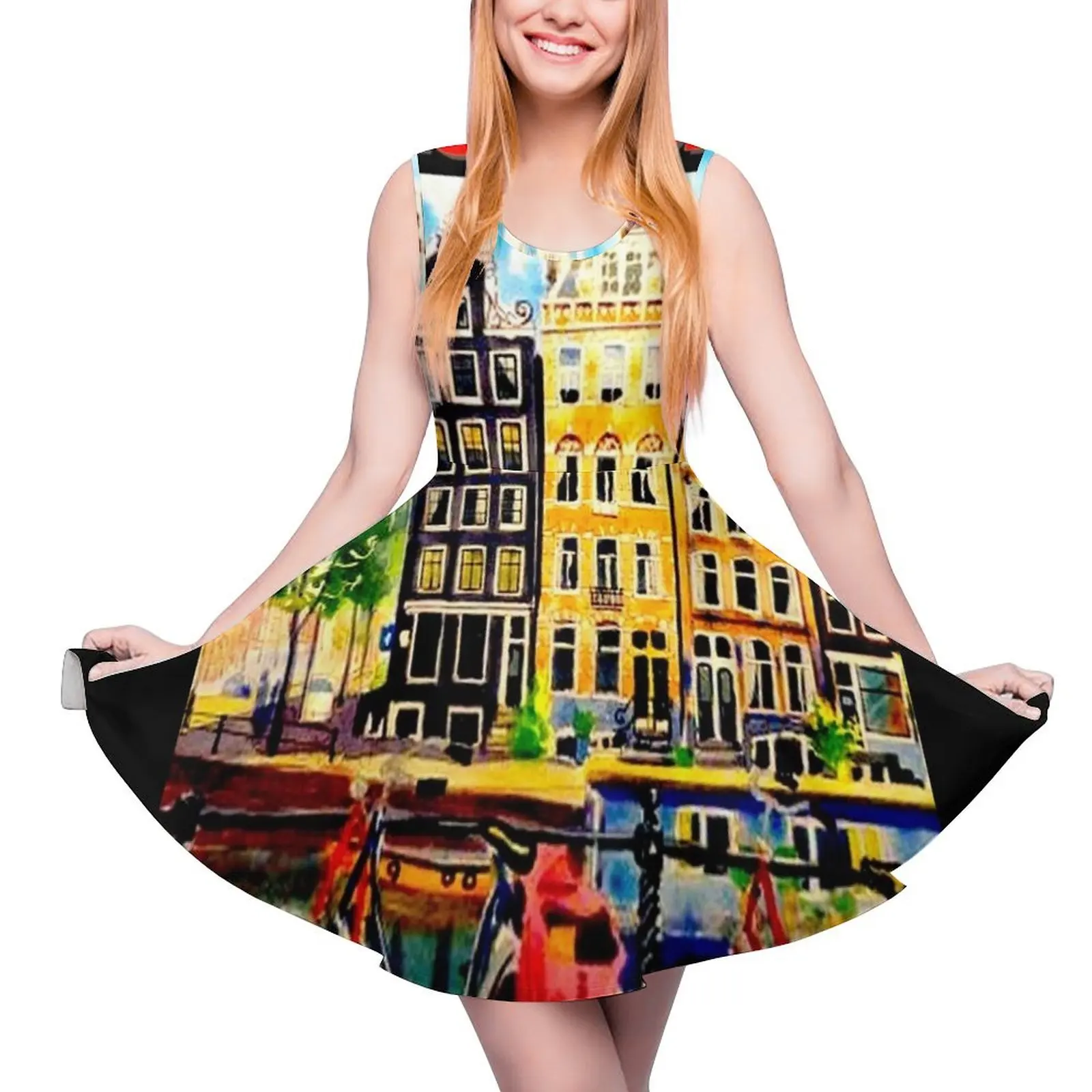 

AMSTERDAM : Vintage Bicycle Travel Print Sleeveless Dress birthday dress for women luxury 2024 woman dress