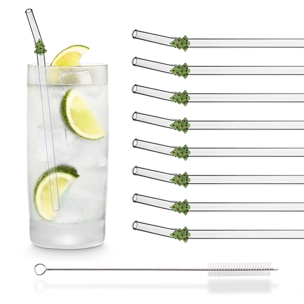 

8Pcs 200*8mm Glass Straws Christmas Drinking Straw Set with Brush High Borosilicate Glass Straw Kitchen Party Bar Drinkware