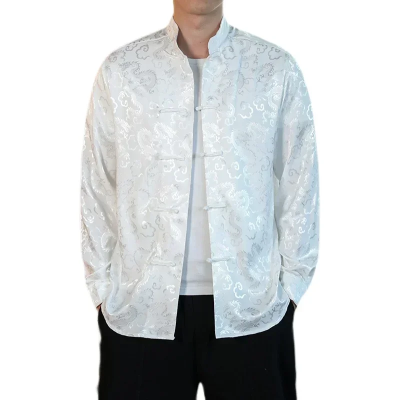 Camisa de seda con cuello Mandarín de satén blanco para hombre, camisa de vestir china de gran tamaño con Dragón Rojo, ropa de Año Nuevo de gran tamaño