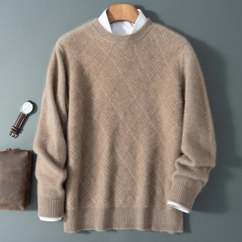 

Classic Men Knitted 100% Merino Wool Pullover Diamond Design Sweater Half height Neck Anti-pilling High quality Warmth Tops