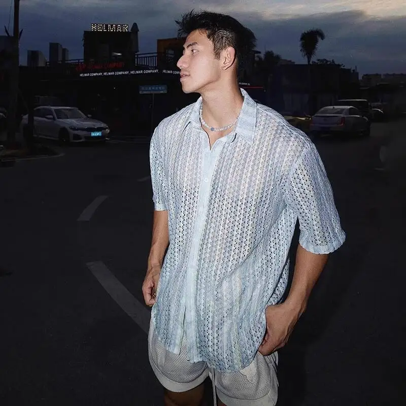 LUZHEN 2026 Summer Fashion Hollow Out Mesh Stripe Textured Short Sleeve Shirts Men's High Quality Handsome Casual Tops JY7976
