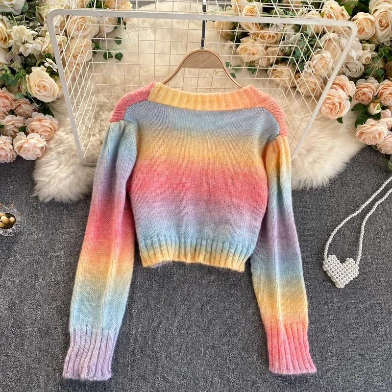 litmage Autumn Winter Women's Sweater Korean Casual Rainbow Striped V-neck Sweater New Loose Long-sleeved Short Cardigans HH531