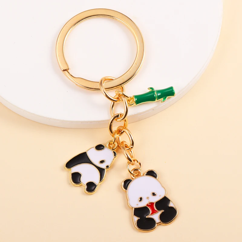 Cute Enamel Panda Bamboo Keychain Kawaii Animal Keyrings For Women Men Bags Wallet Car Key Pendants Accessories Party Gifts