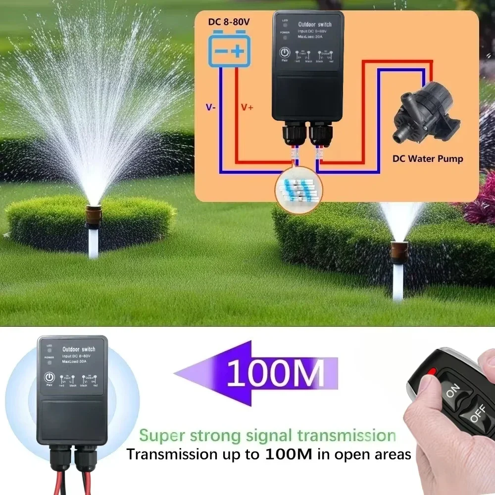 433Mhz DC 12V 24V 36V 72V 80V RF 무선 리모컨 스위치 방수 30A 릴레이 야외 조명 제어용 물 펌프 팬