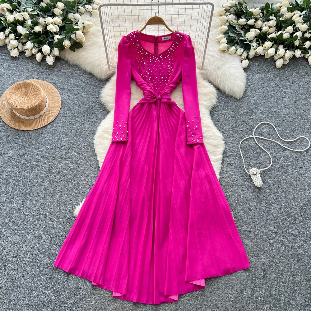 Chic vintage scollo a V strass increspato perline sottile elegante fata moda coreana Boho vestito estivo abbigliamento donna Abito lungo