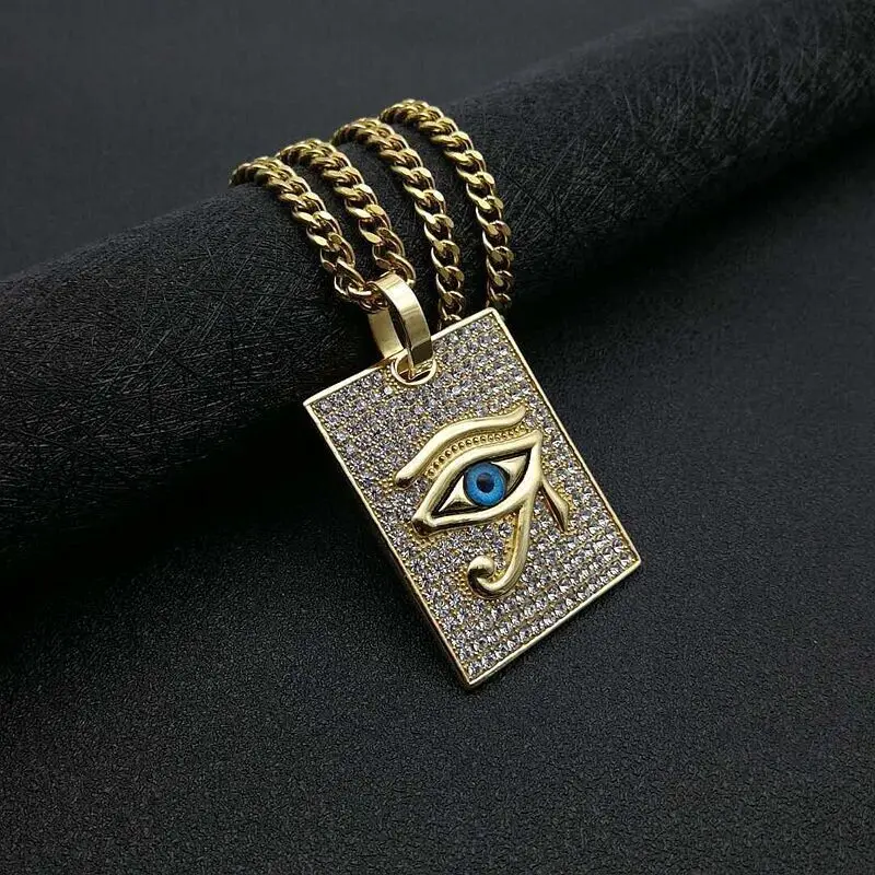 Illuminati Egyptian Golden CZ Eye of Horus Pendant Hiphop Cuban Chain Necklace