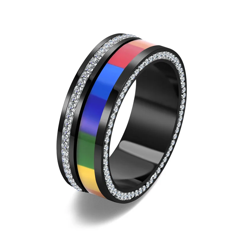 AsJerlya 2023 New INS Rainbow Flag Full Zircon Women Rings Stainless Steel Lesbian Ring For Women Man Fashion Ring Jewelry