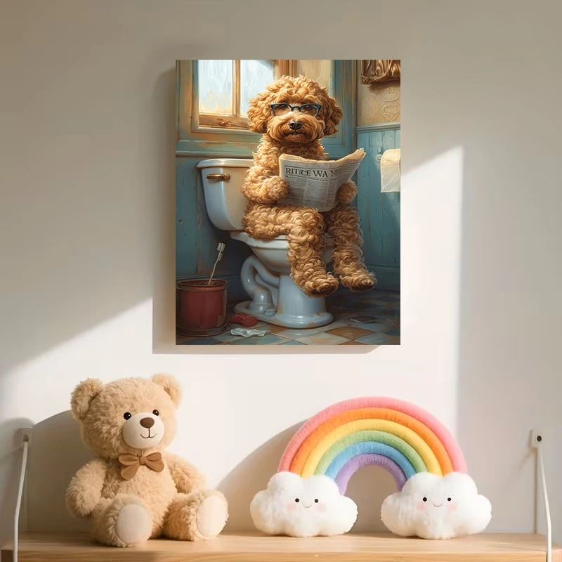 （With Frame) Funny Dog Reading Newspaper on Toilet Canvas Wall Art Cute Pet Dog Print Humorous Vintage Bathroom Decor Poster
