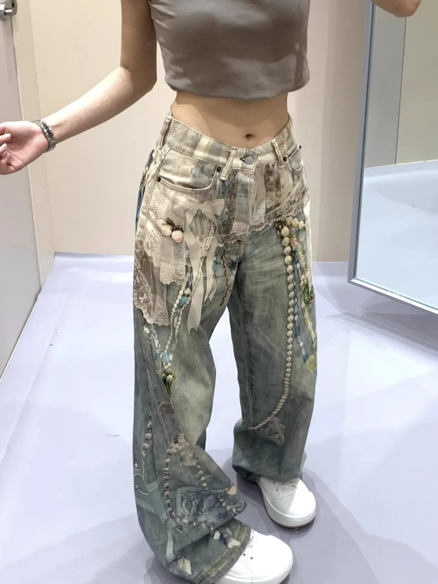 Retro American Lace Pearl Chain 3D Printed Worn-In Denim Loose Straight Casual Floor-Length Wide Leg Pants Women