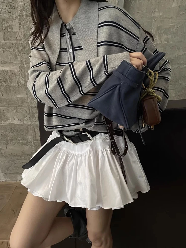 

Clothland женский элегантный полосатый вязаный свитер с воротником-поло и длинными рукавами, женская шикарная модная рубашка Mujer HA594