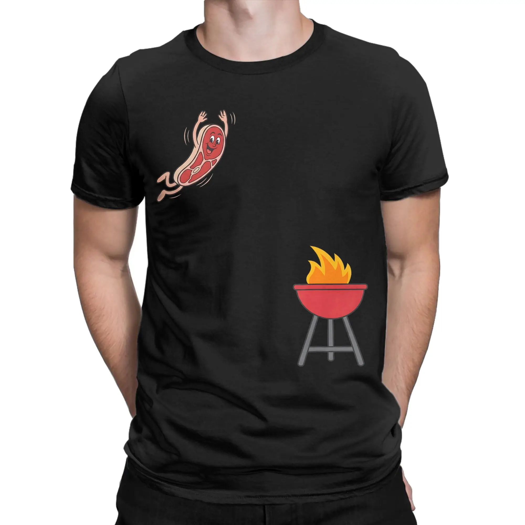 BBQ Steak Meme Cute Meat Jumping Into Grill Men T Shirt  Vintage Tees Short Sleeve O Neck T-Shirts Pure Cotton Summer Clothing