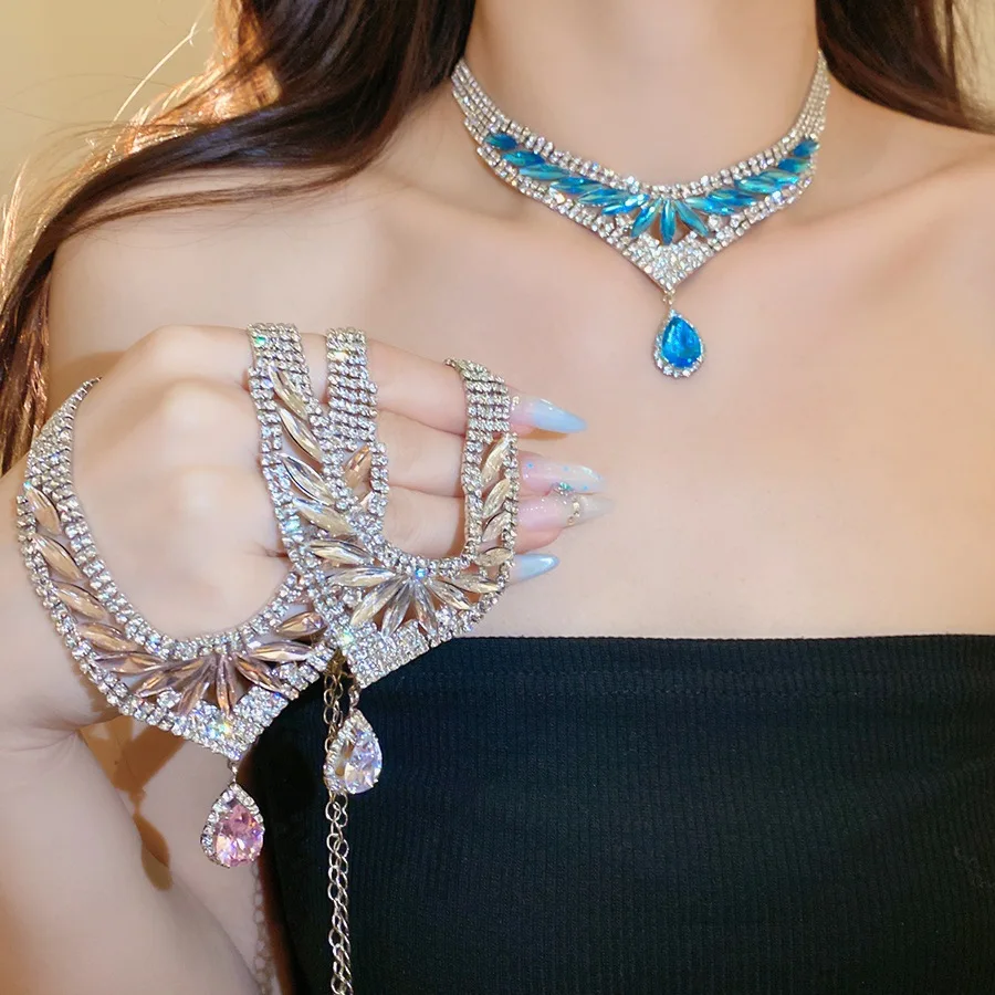 Waterdrop Crystal Rhinestone Jewelry Set V Shape Choker Necklace Drop Earring Teardrop Elegant Bridal Wedding Party Jewelry
